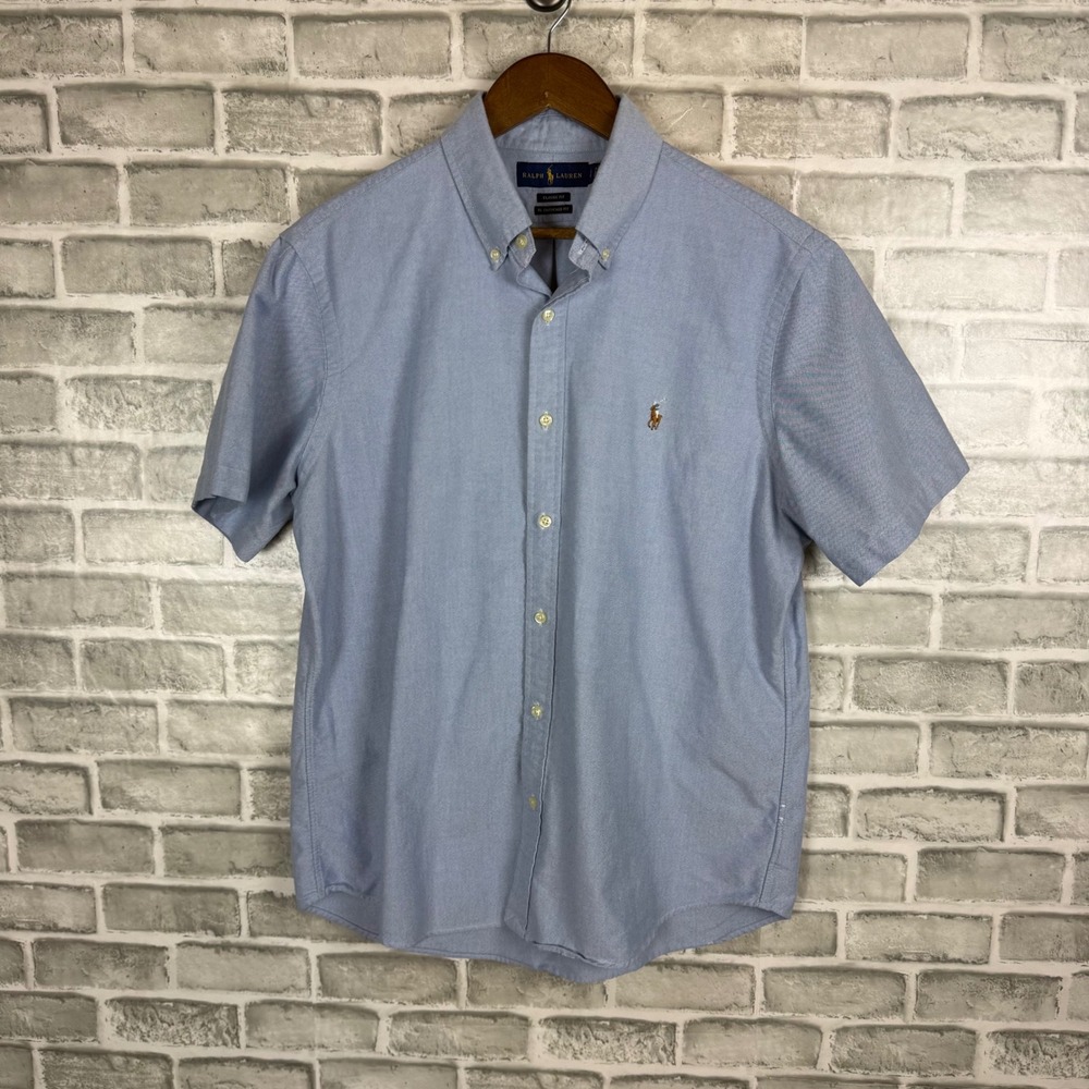 Polo Ralph Lauren Mens Blue Oxford Short Sleeve Button Down Shirt Classic LARGE
